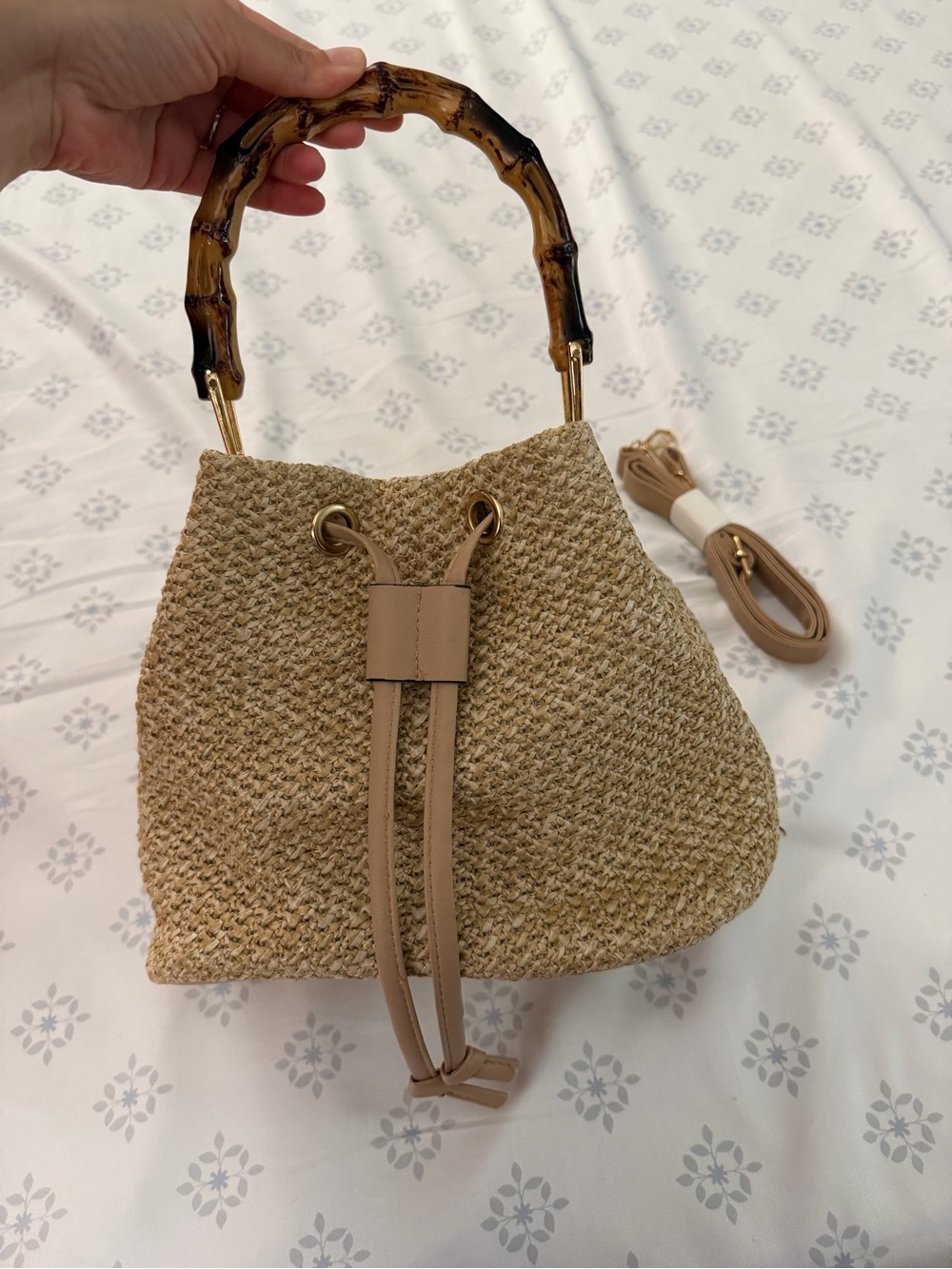Woven Straw Bucket Bag with Bamboo Handle - Beige